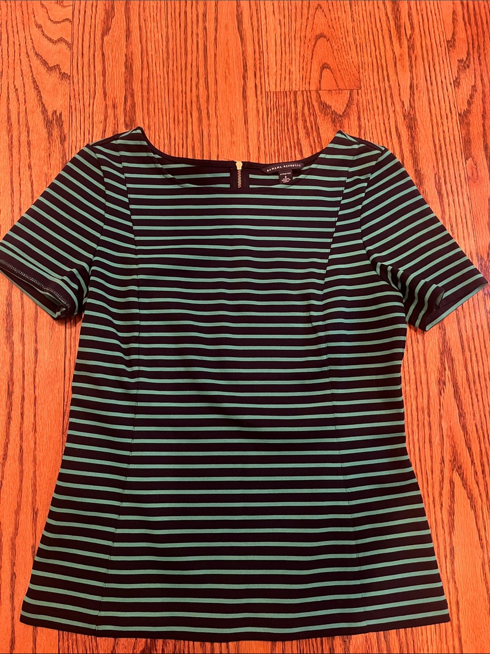 Banana Republic Navy and  Green Striped Short-Sleeve Boatneck Top